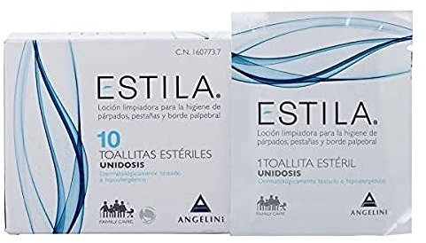 Estila Toallitas oftálmicas - Loción limpiadora para la higiene de párpados, pestañas y borde palpebral - Toallitas desmaquillantes con Aloe vera y Hamamelis - 10 toallitas estériles unidosis