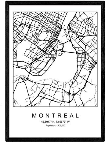 Nacnic Imprimer Plan de la ville de Montréal style nordique noir et blanc. affiche de format A3 papier imprimé No 250 gr. Peintures, estampes et affiches pour le salon et chambre à coucher