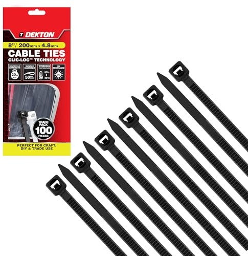 Dekton 100PC Cable Tie Set - 4.8MM X 200MM Black | Heavy Duty Industrial Strength | High Temperature Resistant | Self-Locking Teeth | Ideal for Cables, Piping, Gardening & Wires | Indoor & Outdoor Use