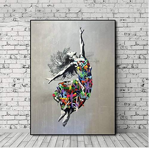ZXCLKJH Banksy-Kunst-Leinwanddruck, kreativer abstrakter tanzender Mädchen-Bilddruck-Wandplakat-Street-Pop-dekoratives Gemälde, 50 x 70 cm ungerahmt