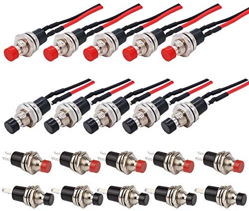 GTIWUNG 20Pcs Mini Botón Pulsador 7mm,Pre Cableado Mini Interruptor,Momentáneo de Botón 1A 250 V AC Resorte con Dos Pines SPST Normalmente Abierto,con alambres previamente soldados,Rojo & Negro
