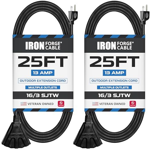 Iron Forge Cable 2 Pack of 25 Ft Outdoor Extension Cords with 3 Electrical Power Outlets - 16/3 SJTW Durable Black Cable with 3 Prong Grounded Plug for Safety, Great for Christmas Lights and Outside