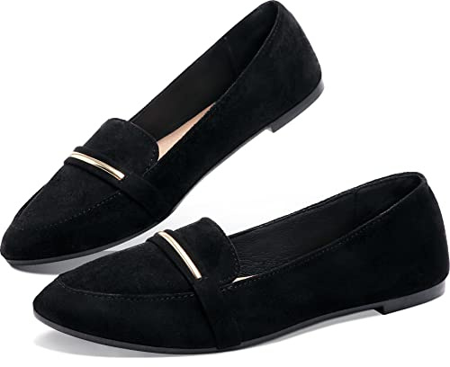 Obtaom Women's Pointy Toe Loafer Flat Comfortable Faux Suede Work Shoes,Cute Penny Loafer Slip On Ballet Flat(Black US9)