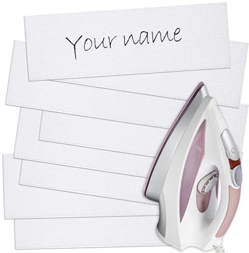 Outus 60 Pieces Iron on Fabric Name Labels for Clothing, 2 x 0.6 Inch Precut Custom Writable Clothes Name Tag Washable Personalized Label for School Nursing Home College Camp Daycare Uniform