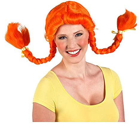 NEU Perücke Damen mit zwei geflochtenen Zöpfen und Pony Heidi, orange - mit Haarnetz