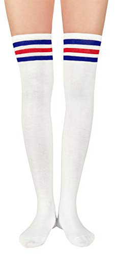 Durio Overknees Strümpfe Damen Winter Hohe Socken Damen Overknees socken Warme Lange Socken Thermo Lange Strümpfe Damen kniestrümpfe Weiß mit Blau u. Rot Streifen Einheitsgröße