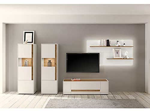 Lomadox Wohnwand mit LED Beleuchtung in weiß mit Absetzungen in Wotan Eiche Nb., B/H/T: ca. 340/170/45 cm