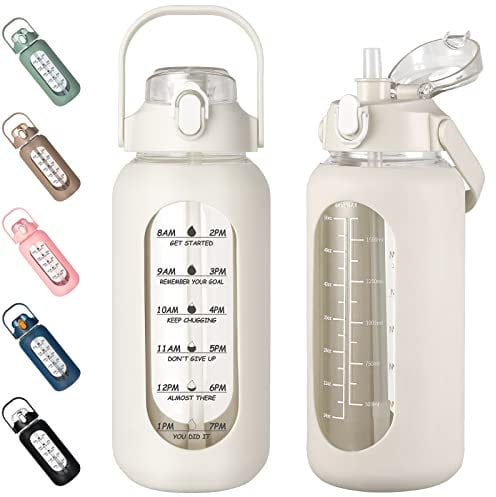 kytffu 64oz Glass Water Bottle with Straw, Half Gallon Motivational Bottle with Silicone Sleeve and Time Marker, 2L Leakproof Large Glass Water Jug for Gym Home Office, White