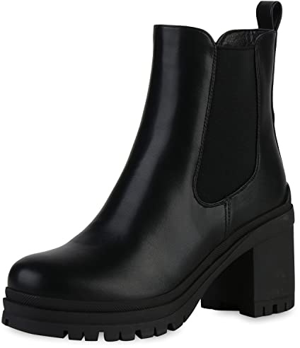 VAN HILL Damen Chelsea Boots Stiefeletten Blockabsatz Schuhe Profilsohle Freizeit Booties Plateau Vorne Schlupfschuhe 208331 Schwarz 38
