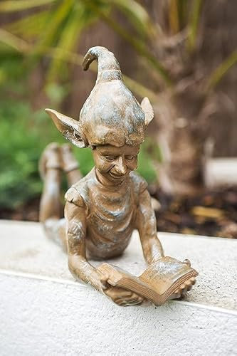 Marco Paul Fairy Garden Ornaments Outdoor Bronze Xmas Elf Statue Liegend Neuheit Harz und Wetterfest Garten Pixie Goblin Garten Skulpturen Figur für Fee Garten Terrasse Weihnachten 35cm