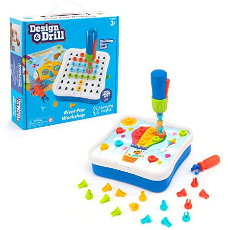 Learning Resources Design & Drill Werkstatt mit ploppenden Stecknieten, 54 Teile mit handbetriebenem Stecknietengerät, MINT-Spielzeug, für Jungen und Mädchen ab 3 Jahren