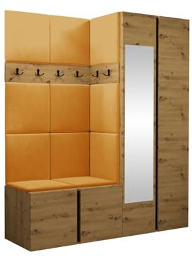 Mirjan24 Garderoben-Set Monati XII, Kleiderschrank mit Spiegel, Schuhschrank, 2X Kleiderhakenbrett, Gepolstertes Paneel/Wandpaneel, 6 Doppelhaken, Flurgarderobe (Eiche Artisan/Schwarz, Manila 32)