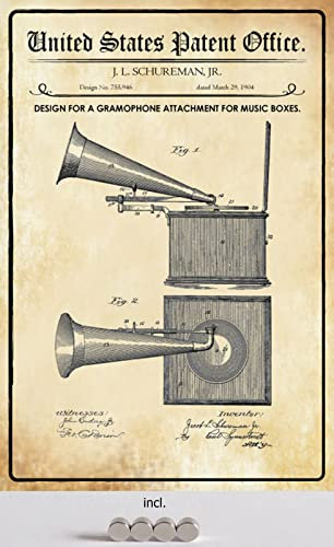 DekoDrom® Blechschild 20 x 30 cm US Patent Grammophon Schallplatten Musik historisches Motiv mit Magnete Wand Deko Sammler Geschenk