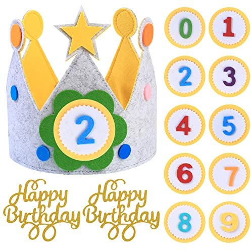 HexinYigjly Geburtstagskrone, Geburtstag Kinderkrone Mädchen Auswechselbaren Zahlen von 0-9,Sticker Geburtstag Stoffkrone Geschenke für Mädchen Jungs Kinder Geburtstagsdeko (Gelb grau)