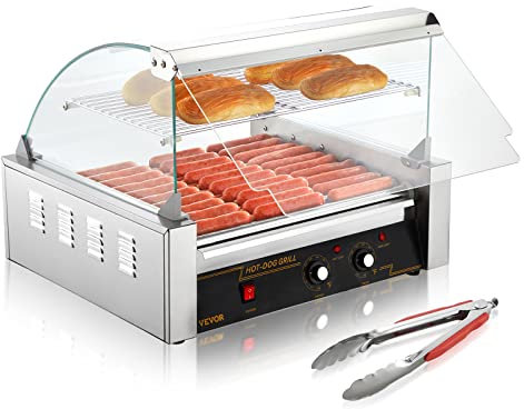 VEVOR Rouleau à hot-dogs, 11 rouleaux, machine à griller les saucisses en acier inoxydable avec double contrôle de température, 30 hot-dogs, 2,2 KW avec couvercle, étagère chauffante pour petits pains