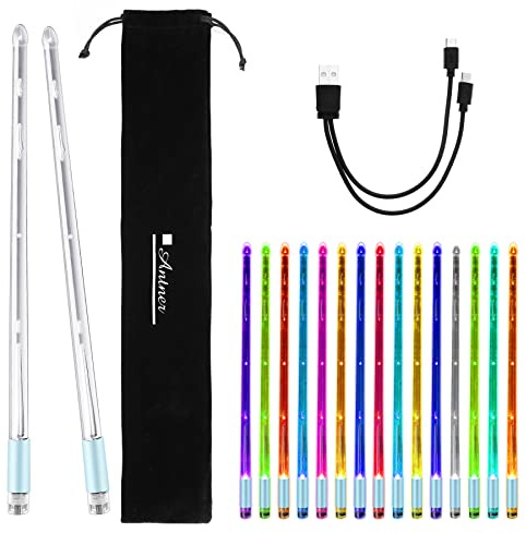 Antner Baguettes de batterie lumineuses avec 15 couleurs changeantes avec sac de rangement pour adultes batteurs - Brillent dans le noir - Baguettes LED rechargeables - Durable - En polycarbonate