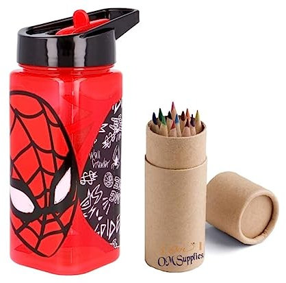 OM SUPPLIES Spiderman Reusable Square Water Bottle Drink Bottle with built-in handle for Easy Carry School Lunch Kids Childrens 510ml BPA free Plastic (Spiderman Urban)