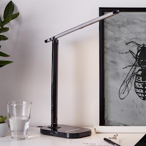 Lightbox LED Schreibtischlampe - 34 cm Höhe - schwarze Tischleuchte mit USB-Anschluss & Touchdimmer & Nachtlichtfunktion & Timer & CCT (3000-6500 K) - aus Kunststoff/Metall