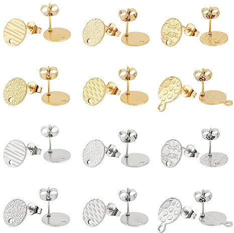 UNICRAFTALE 24 Stk 2 Farben 6 Stile 304 Edelstahl Ohrstecker 10mm Strukturiert Flach Rund Metall DIY Ohrringe Zubehör Damen Selber Machen Set Für Schmuckherstellung