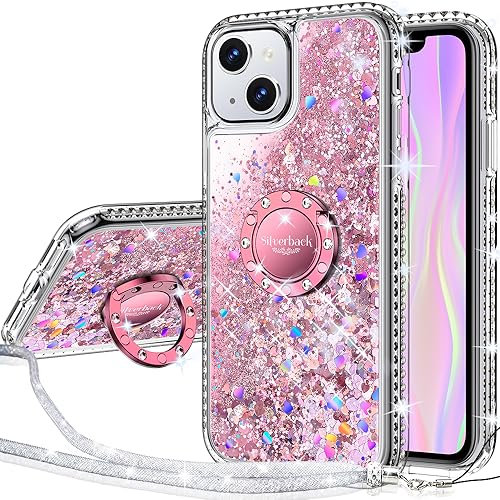 Silverback Kompatibel für iPhone 15 Hülle mit Band Mädchen Glitzer Handykette Handyhülle 360 Grad Ring Cover Silikon Flüssigkeit Clear Schutzhülle für iPhone 15 -Rosa