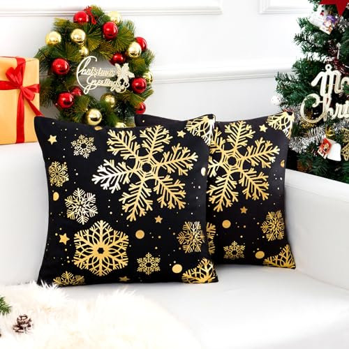 Chicamy 45x45 Weihnachten Kissenbezug 2 Pack Weihnachtskissen Gold Schneeflocke Muster Kissenbezüge Schwarz Weihnachtskissenbezug Dekokissen Zierkissenbezug für Couch Wohnzimmer Winter