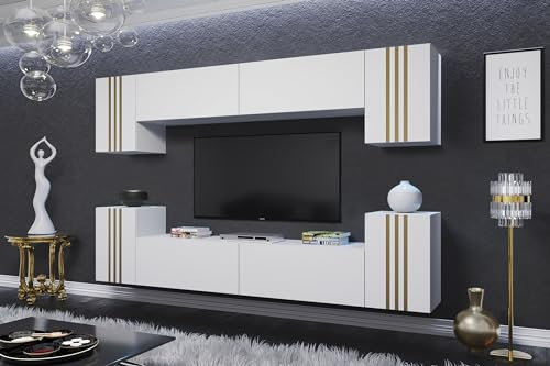 Furnitech Wohnwand Wohnzimmer | Hängend Wohnwand Modern | Wohnzimmer Schrankwand mit Regale und TV Schrank | Wohnzimmer Möbel (LO1-23W-M4-LZŁ)