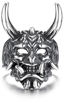 GTHIC Herren Edelstahl japanische Oni-Maske Totenkopfringe Vintage Hannya Halbmaske Schmuck Größe 12