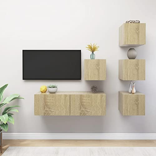 Meuble TV suspendu 5 pièces en bois chêne Sonoma