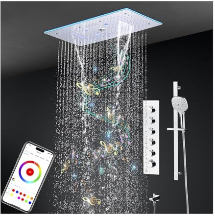 Système de Douche Thermostatique Musical, LED 64 Couleurs Bluetooth Colonne Douche Encastré Ensemble de Douche avec 600 * 300mm 9 Fonctions Tête de Douche, Douchette, Robinet de Baignoire (Chrome)