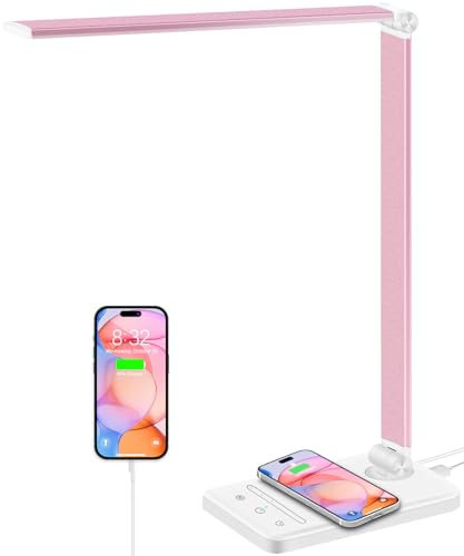 weareok Schreibtischlampe LED Dimmable,Tischlampe Augenschutz,Desk Lamp 5 Farb und 6 Helligkeitsstufen,10W QI KabellosemLadegerät und USB-Anschluss Table Lamp mit Stecker Touch für Kinder Rosa