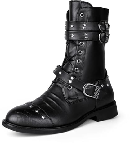 Stivali da combattimento da uomo Stivali da cowboy vintage Punk Goth Scarpe da motociclista in pelle PU Outdoor Moto Tactical Army Boots nero 45