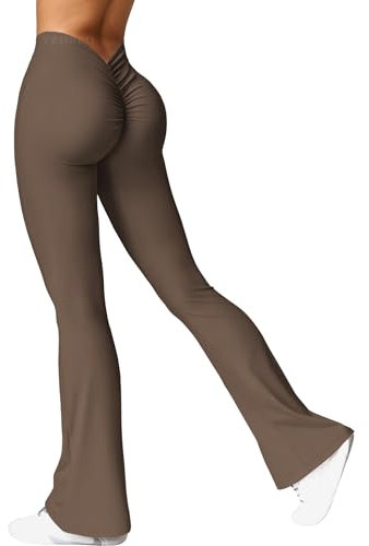 YEOREO Damen Flared Leggings V-Ausschnitt Taille Scrunch Workout Leggings High Waisted Butt Lifting Nahtlose Gym Yoga Schlaghose Kaffee M