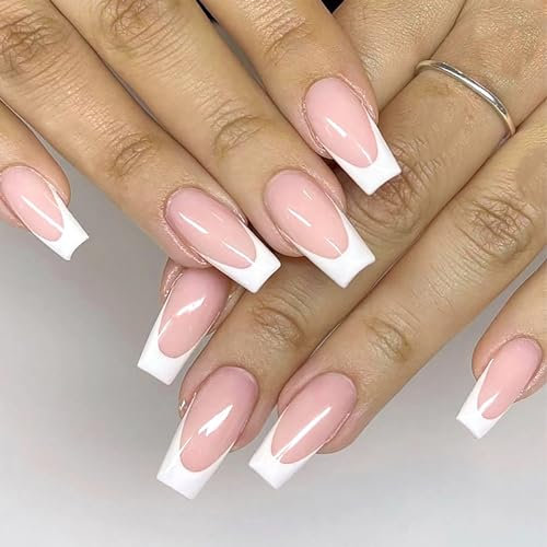 NLFOX 24Pcs French Tip False Nails Long - Nude Square Press on Nails - Fake Nails with Glue - Stick on Nails in 12 Sizes - Full Cover Acrylic Coffin False Nail Tips for Women Girls