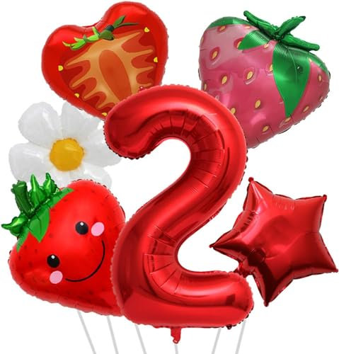 Luftballons Geburtstag 6 Stück, Geburtstags Ballon Set mit Ballon Nummer 2 Erdbeer Luftballons Gänseblümchen Ballon Stern Ballon, Erdbeer Folienballon für Mädchen Geburtstags Party Dekorationen