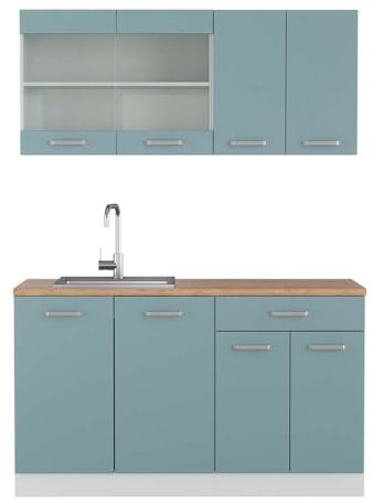 Vicco Singleküche R-Line, Küchenzeile Single, Blau-Grau/Weiß, 140 cm, AP Eiche