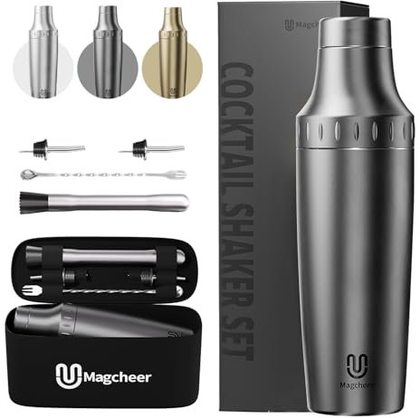 Magcheer Cocktail Shaker Set 850ml Edelstahl mit Sieb Bartwerkzeug Set Cocktailset Luxe-Finish Profi Barzubehör inkl Aufbewahrungskoffer Bar Set Geschenk (Grau)