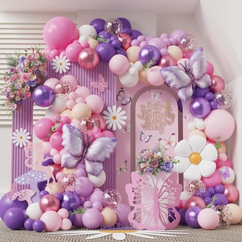 Daisy Butterfly Balloon Garland Arch Kit palloncini di compleanno forniture con palloncini in lattice viola rosa oro polvere per baby addio al nubilato, compleanno per donne principessa ragazza,