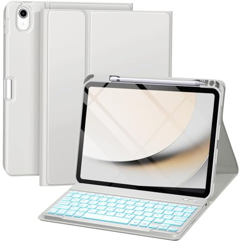 drivego Hülle mit Tastatur für iPad 11 Generation A16/10 Generation (11/10.9 Zoll, 2025/2022), 7-farbige Beleuchtung Magnetische Tastatur für iPad 11./10. Gen Hülle mit Stifthalter, HellGary