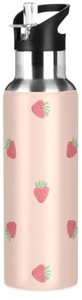 Yopersonalizes Insulated Water Bottle with Straw 600 ml/20 oz Cute Strawberry Fruit Stainless Steel Sports Water Bottles Leakproof Hot Cold Metal Drink Flask for Travel Gym