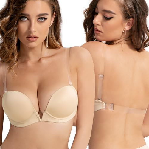 YANDW Damen Tief V Push Up BH Rückenfrei mit Rücken Transparent and Trägern Niedrigem Rücken Plunge Gepolsterter Bügel BHS 34C Nude