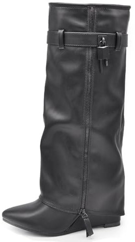 IF FASHION Stivali Alti A Punta Gambale A Ghetta Con Zeppa Zip Cerniera Luchetto Da Donna G690 Nero N.38