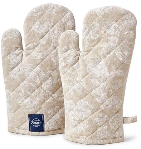 Encasa XO Gants De Cuisine Résistants À La Chaleur | Moufles De Cuisson pour Micro-Ondes, Four Et Cuisine | 18x30 cm| Porte-Ustensile en Coton - Tissu Chambray (Lot De 2, Beige)