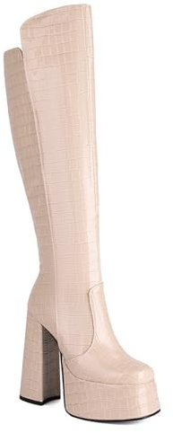 BAISOILIHA Donne Coccodrillo Chunky Heel Platform Square Toe Knee Stivali Alti Side Zip Stivali alti Comodo Stylish Tacco Alto Stivali invernali per donne Le signore Ragazze Apricot Numero 39