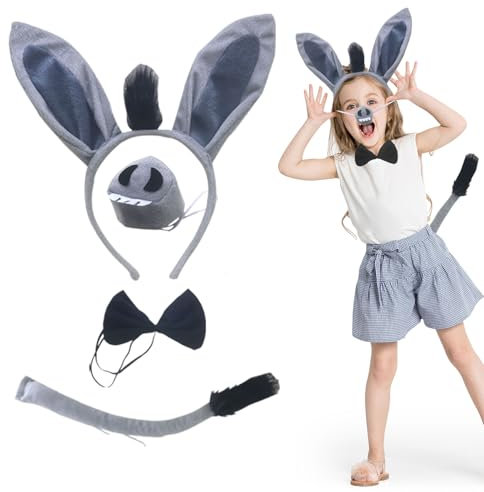 MIVAIUN 4 Stück Esel Kostüm für Kinder Erwachsene, Esel Verkleidung Kinder, Esel Ohren und Schwanz, Fliege, Nase, Tierkostüm für Halloween Tiermottoparty Ostern Welttag des Buches (4 Stück)