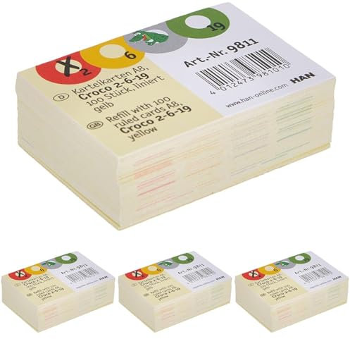 HAN Karteikarten - 100 Stück DIN A8 quer liniert für CROCO Duo (9987) und 2-6-19 (9988) Lernkarteikartenbox, farbig bedruckt, stabiler Karteikarton 190g/m² mit vier bunten Kreisen zum Ankreuzen, 9811