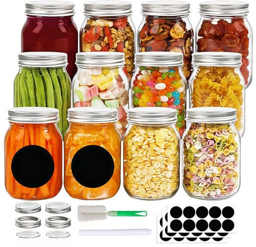 Zykphao Mason Jars with Lids, Glass Jar with Lid, 480ml/ 16 oz Clear Glass Jars with Silver Metal Lids for Sealing, Meal Prep Jars for Food Storage 12 Pack