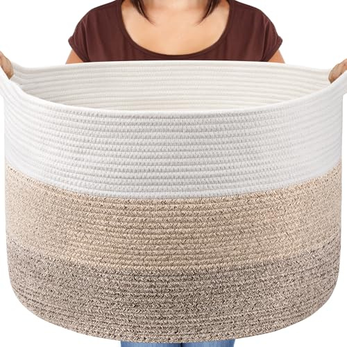 Maliton Storage Basket, Cotton Rope Laundry Basket, 55x35cm (White&Khaki) | Large Capacity 83 L for Laundry, Toys & Blanket Storage, Foldable Cotton Rope Basket for Living Room, Bedroom& Kids Room