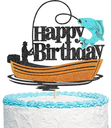 Fishing Cake Topper Happy Birthday – Angler Motiv Kuchendekoration für Jungen & Mädchen, Geburtstagsdeko mit Fischdesign, Outdoor-Party, Natur-Themenfest