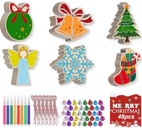 Moorlan 48 Pcs Wooden Christmas Decorations Craft Kit ， Paint Your Own Xmas Tree Ornaments with Pens, Bells & 10m Red White String ， DIY Arts & Crafts Set for Adults