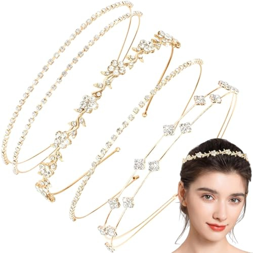 4 PCS Gold Rhinestone Headbands Flower Leaf Tiara Crown for Women Girls | Crystal Prom Headpiece Sparkling Elegance Durable Alloy Comfortable Versatile for Bridal Tiara Wedding